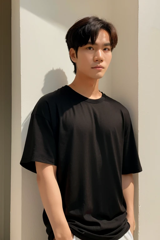A Thai man wearing an oversized black T-shirt with no pattern leans against a wall.