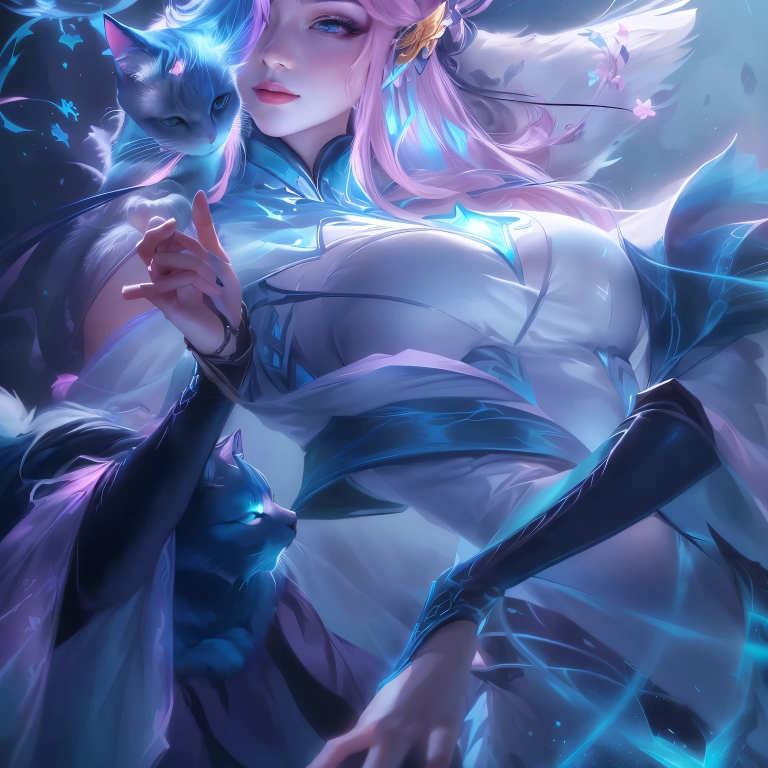 a woman with pink hair and a blue dress holding a blue cat, heise jinyao, kda, extremely detailed artgerm, seraphine ahri kda, artgerm lau, ig model | artgerm, style artgerm, portrait knights of zodiac girl, by Yang J, beautiful celestial mage, ! dream artgerm