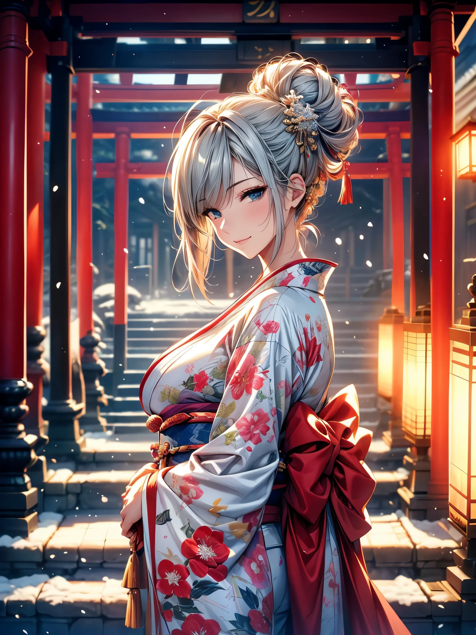 28 years old, Sexy body, Slim body, Silver hair fades to light blue tail, hair covering one eye, /Asymmetrical hair, /half bun hair, /half updo half up half down, /Medium Length Hair, /long wavy hair, blue eyes, break, Japanese clothes, kimono, neat kimono, Zen garden in Japanese temple, In front of the torii gate, New Year Visit, hands together, Pray for the future, Smile, In winter, Snow covered ground, There is snow, snowflake, Dynamic Angle, from the side, (Correct anatomy, Ideal body proportions), (/A night under the stars, /In the morning, under the holy light), break, high resolution, original photo, Photorealism, Stay focused, (natural lighting, Textile shading), Detailed background, Perfect layer cut, Focus on the eyes, (milf:1.5), Depth of Field, Bokeh, cowboy shot, ray tracing, masterpiece, best quality, 8K, retina, masterpiece, ccurate