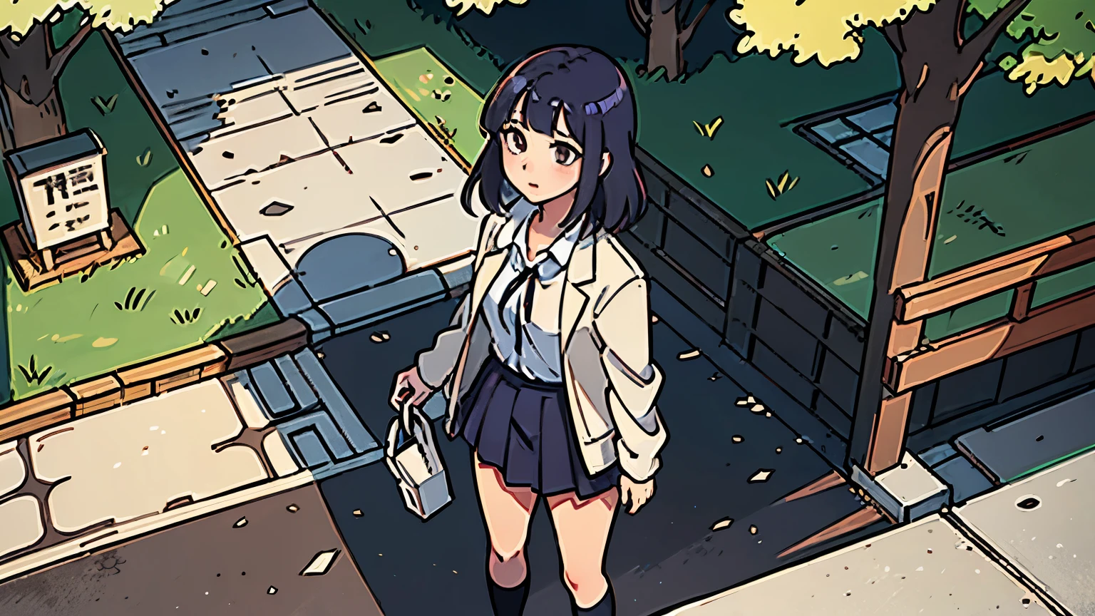 Illustration, overhead view, early summer, park, walk, sunlight filtering through the trees, Japanese, high school girl, uniform, beautiful girl, alone, Japanese anime style, distant angle of view