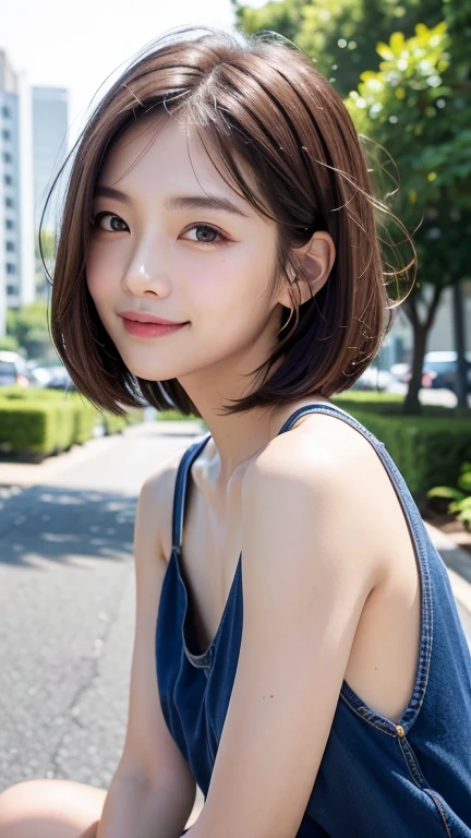 (((Shoulder-length brown hair with straight mini bob、Loose hairstyle)))、(((Summer park in the background、Pose like a model at the hair salon)))、(((Random cute summer casual outfits)))、Face close-up、Half Japanese and half Korean、18-year-old girl、independent、look forward to、Light eye makeup、Brown Hair Color、flat 、Hair blowing in the wind、Quality of actress、Shiny, Ultra-realistic faces、smile、Watery eye、look up、Subtle lighting effects、 Ultra-Realistic Capture、Very detailed、High resolution 16k human skin closeup。Skin texture must be natural、The details must be clear enough to identify pores..、skin is healthy、There must be a unified tone、Use natural light and color、High quality photos taken by modeling agencies'Exclusive photographer、smile