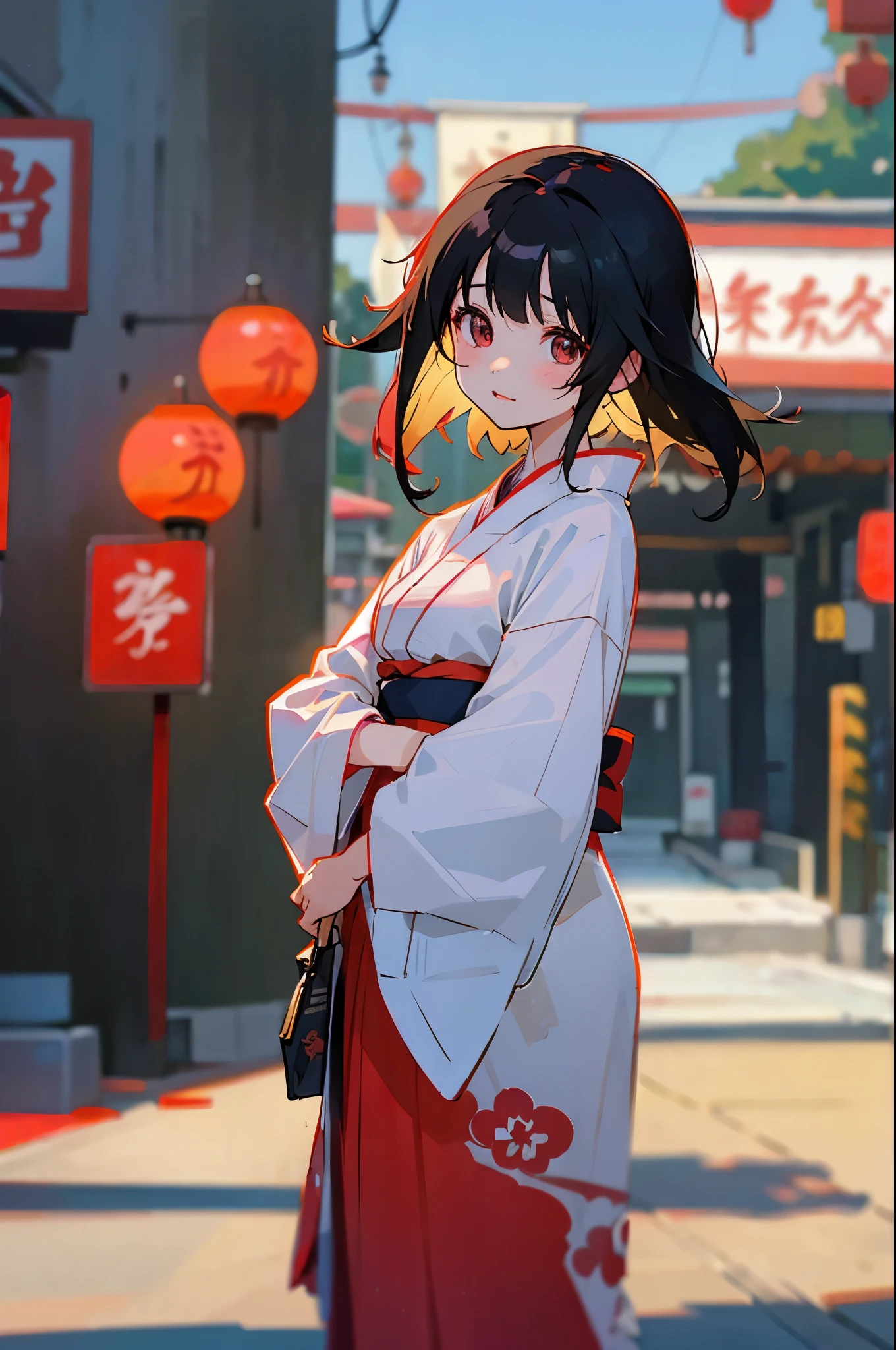 Anime Girls。kimono。Good color。Perfect Shadow。Neon Town。Black Hair。Medium Hair。Chinatown。Daytime。Spirited