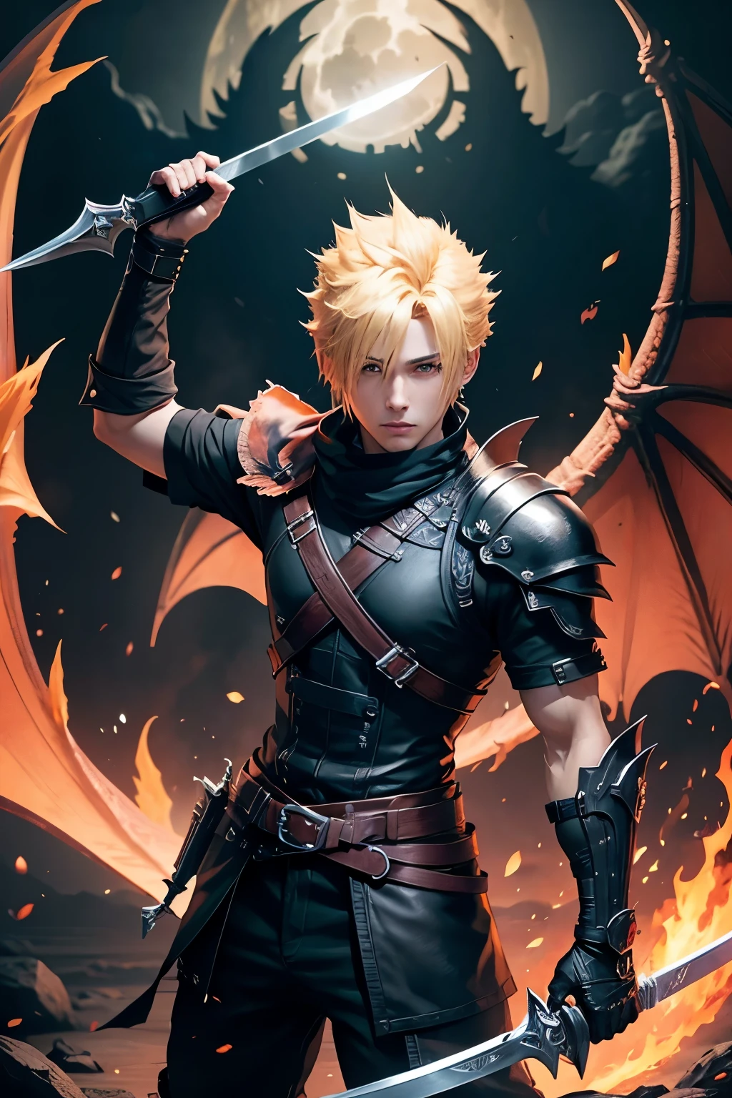 Hair yellow boy holding a sword final fantasy character cloud Strife wearing black clothes detailed, fighting red fire dragon, backgroung of black red sky with visual effects, keep generated image landscape