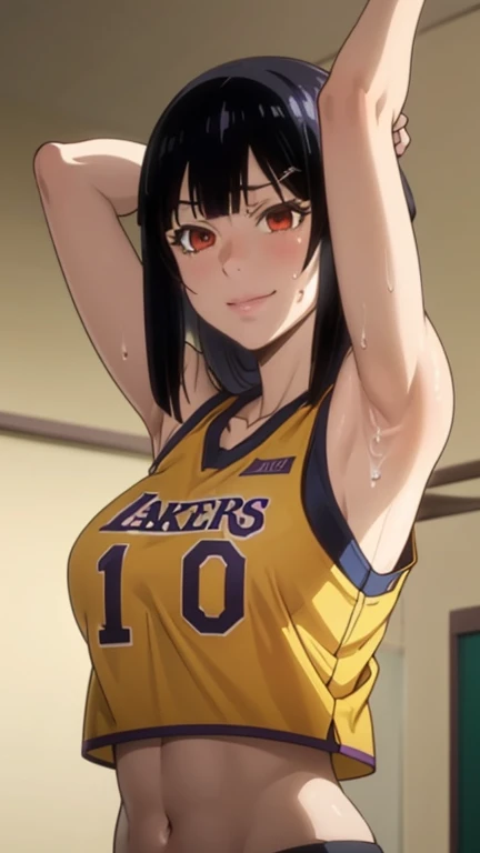 a close up of a person wearing a basketball uniform, a picture, inspired by Kentaro Miura, trending on pixiv, Jabami Yumeko, Kakegurui,red eyes,long hair, wearing yellow nba jersey, yellow croptop nba jersey, wearing a low cut croptop, wearing croptop, croptop, written "Lakers" on the croptop, golden raito, (winking), shirobako, large)}], favorite scene, fine details. anime. skins, sweating, big breasts, both hands raised, armpits, armpits visible, dripping with sweat, more more sweat, sweaty armpits, smile