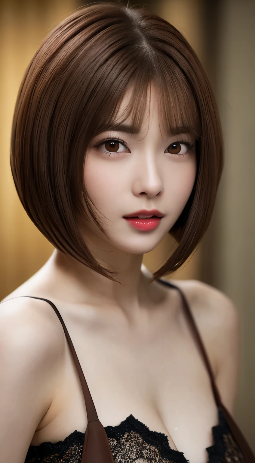 Tabletop, ((Brown hair bob cut:1.4))、highest quality, figure, Close-up of face:1.4、Very detailed, In detail, Small :1.5、Naked w large camisole:1.5、High resolution, 8k wallpaper, Perfect dynamic composition, Beautiful fine details , Hotel(but), Sexy Face,A e of ecstasy,The face peak of sexual arousal,Sex-excace