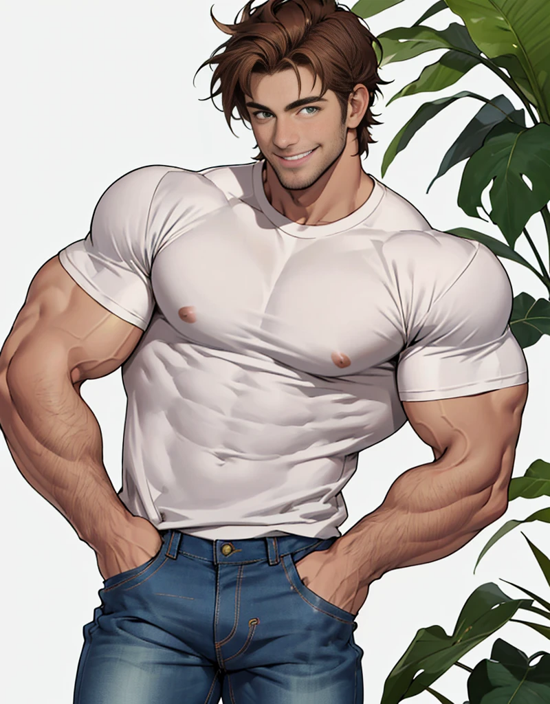 Clear background、front view of one standed handsome tall hunk, he is 28yo and slim waist and muscled hairy chest, smiling, he is also 175cm and 62kg、Face top right、yellow-green eyes、Brown hair color、short-haired、White T-shirt, tight jeans.