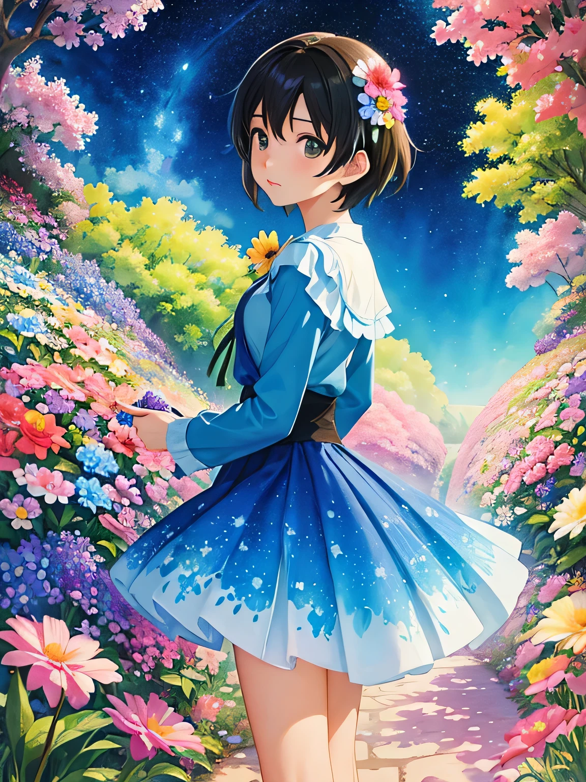 Makoto Shinkai style、8K Quality、Intense watercolor, Detailed watercolor art, Watercolor splash, Surreal, avant-garde pop art, Beautiful and expressive paintings, Beautiful artwork illustration, Very colorful tones, wonderful, Cool beauty, highest quality、Official Art, Vector art, Stylish design, ((The most beautiful girl of all time)), (((highest quality))), HDR, ((detailed)), (((Doodle Art)), ((masterpiece)), ((Super detailed)), (((Colorful flowers))), Midsummer Night Sky