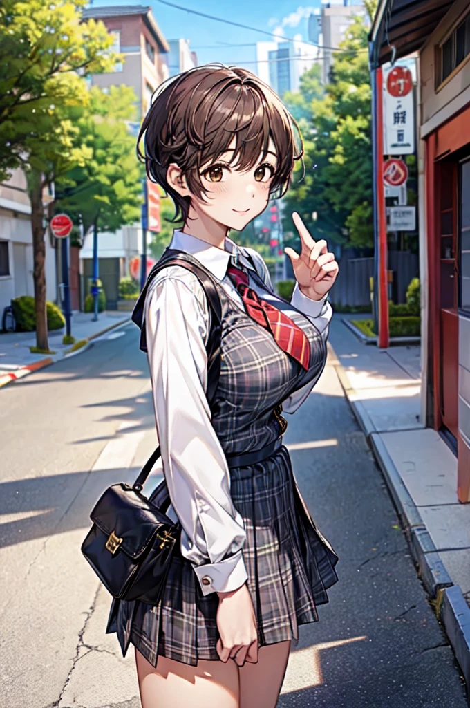 ((Top quality)), (超A high resolution), (Ultra-detailed), (Anatomically correct), (Limbs), (Full Finger), (Precise fingertip detailing), (8K), (Draw the whole body), (Full-body depiction according to the situation), 
1 girl, Shizuku Oikawa, Shizuku Oikawa, B105, Japanese, 16 years old, Shiny skin, Large Breasts:0.5, Take in the view, ((highest quality，8k，T masterpiece：1.3)), Sharp focus on the chest:1.2, Pretty woman with perfect figure:1.4, (((Large Breastsの谷間))), (信じられないほどLarge Breasts:1.5), Brown Hair、Shortcuts, (Big Hips), smile, 
(Detailed cloth texture, Grey checked tie, (Navy knit vest), Long sleeve white shirt with collar, Grey plaid pleated skirt), Black socks, White panties, Black School Bag, (Beautiful views), morning, (Downtown), (Stick your butt out:1.2),