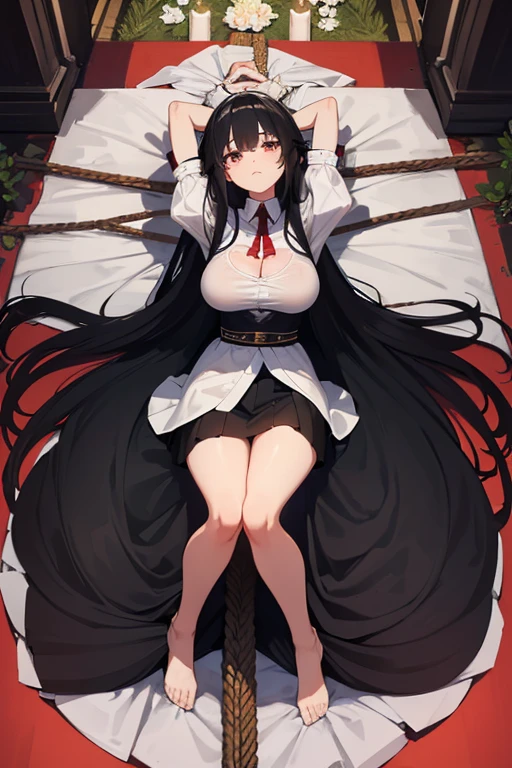 Italian girl, 25 years old, very long black hair, gigantic breasts, thin, wearing a torn white shirt and a pleated black miniskirt, she is lying at the altar of a megalithic circle, her arms and legs are tied with ropes to the altar, she has a slave collar