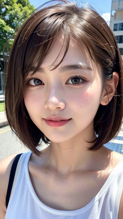 (((Shoulder-length brown hair with straight mini bob、Loose hairstyle)))、(((Summer park in the background、Pose like a model at the hair salon)))、(((Random cute summer casual outfits)))、Face close-up、Half Japanese and half Korean、18-year-old girl、independent、look forward to、Light eye makeup、Brown Hair Color、flat 、Hair blowing in the wind、Quality of actress、Shiny, Ultra-realistic faces、smile、Watery eye、look up、Subtle lighting effects、 Ultra-Realistic Capture、Very detailed、High resolution 16k human skin closeup。Skin texture must be natural、The details must be clear enough to identify pores..、skin is healthy、There must be a unified tone、Use natural light and color、High quality photos taken by modeling agencies&#39;Exclusive photographer、smile
