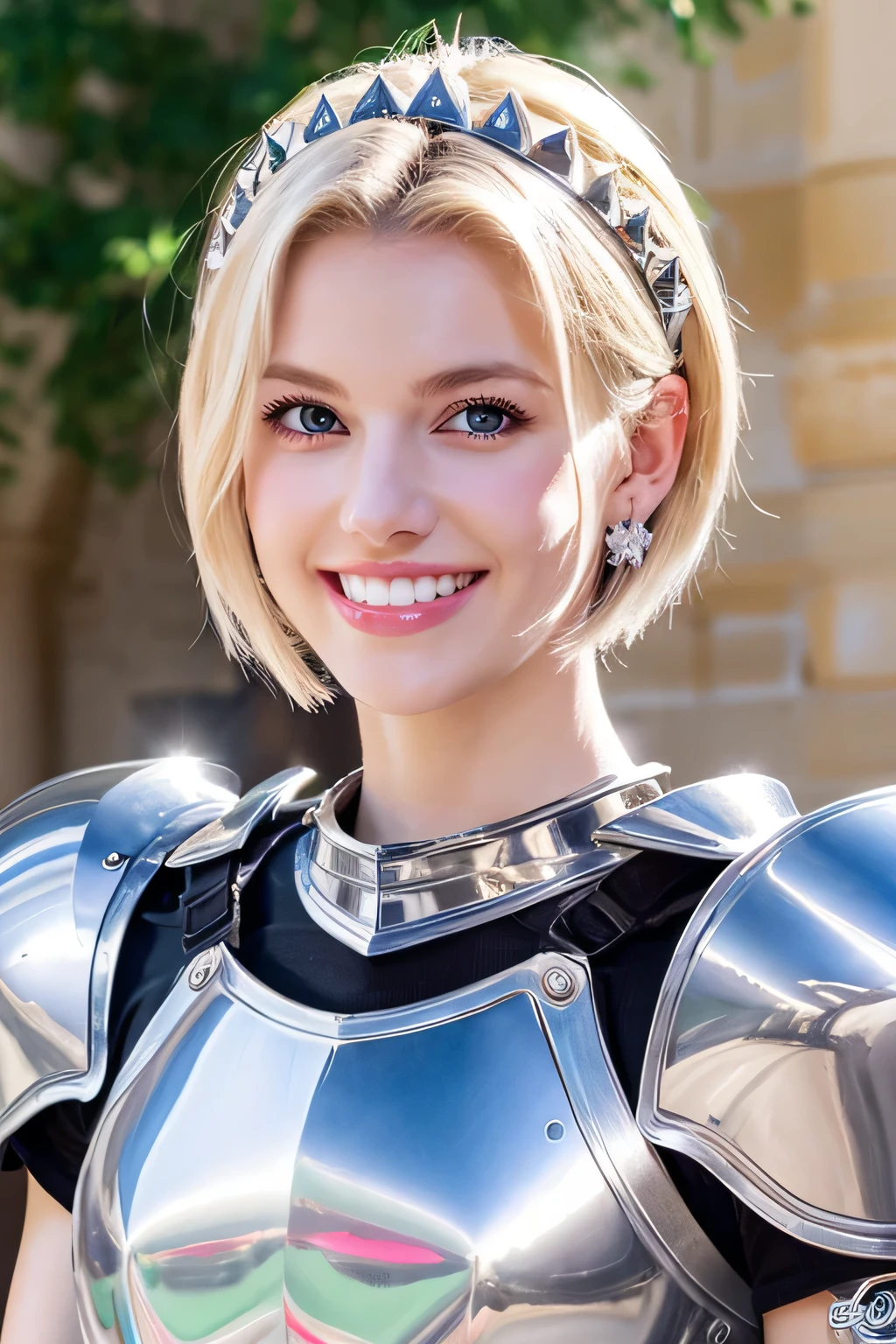 ８Ｋ、highest quality、female knight、Luxurious Silver Armor、、hairstyle short cut、smile、beautiful teeth、full body photo、ear piercing、blonde、white woman、blue eyes、heavy makeup、The background is inside the castle

