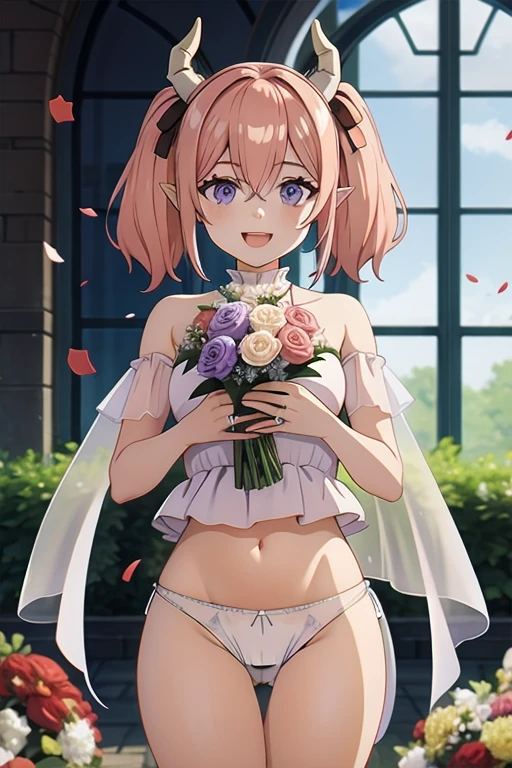 masterpiece, best quality, highres, wedding dress, white dress, garden, holding bouquet, confetti,Shoulder Bare、midriff peek、bare legs、very Long veil、(She showed off her white panties:1.5)、Open your mouth、smile、((Glowing Skin))、cameltoe、linier、lineye,
short twintails,hair between eyes,pink hair,medium hair,demon horns,dark red hair ribbon,pointy ears,purple eyes