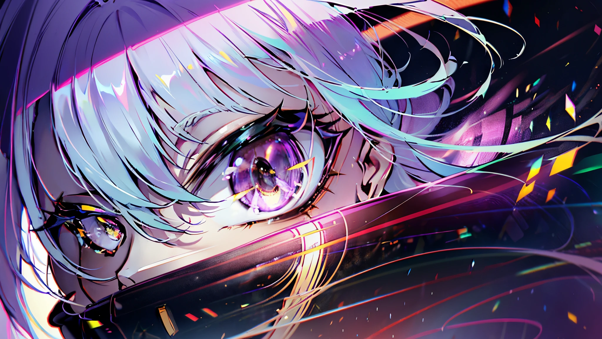 masterpiece, highest quality, (Perfect Face:1.1), (Attention to detail:1.1),dramatic,1 person, (Pale skin),Beautiful lighting, Professional Lighting, Photon Mapping,Long Hair, Long purple hair with a light pink gradient at the bottom, Open your mouth, Yellow Eyes, Light purple,punk,art:artgerm , fashion, Balenciaga Style Smile, very Long Hair, null, Black fox, night, punk, Future City, Physically Based Rendering,Detailed Background,,art:artgerm と greg rutkowski, ((Old age)),, (RAW Photos, Film Grain)