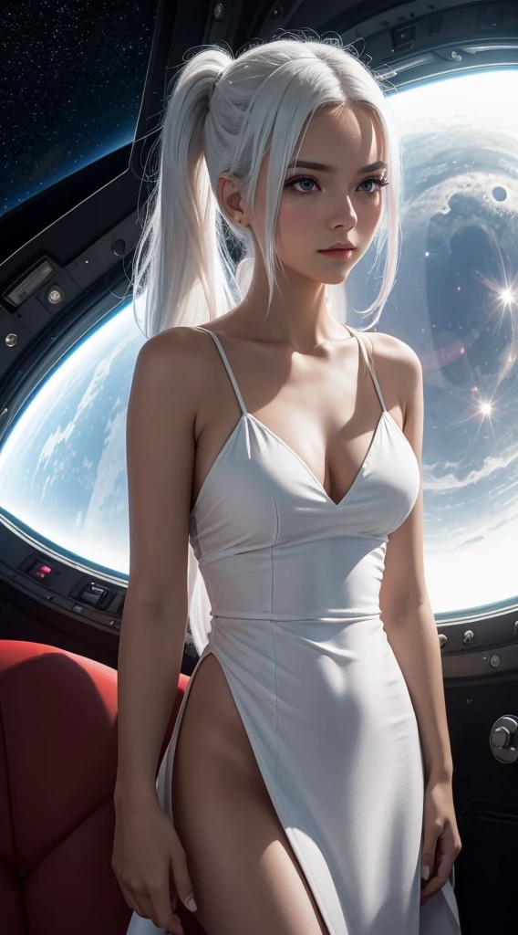 Masterpiece, High quality, hcnone, 1girll, White hair, pony tails, Red slip dress, Cosmic background outside the porthole of a spaceship, Warm gaze, Solar eclipse background