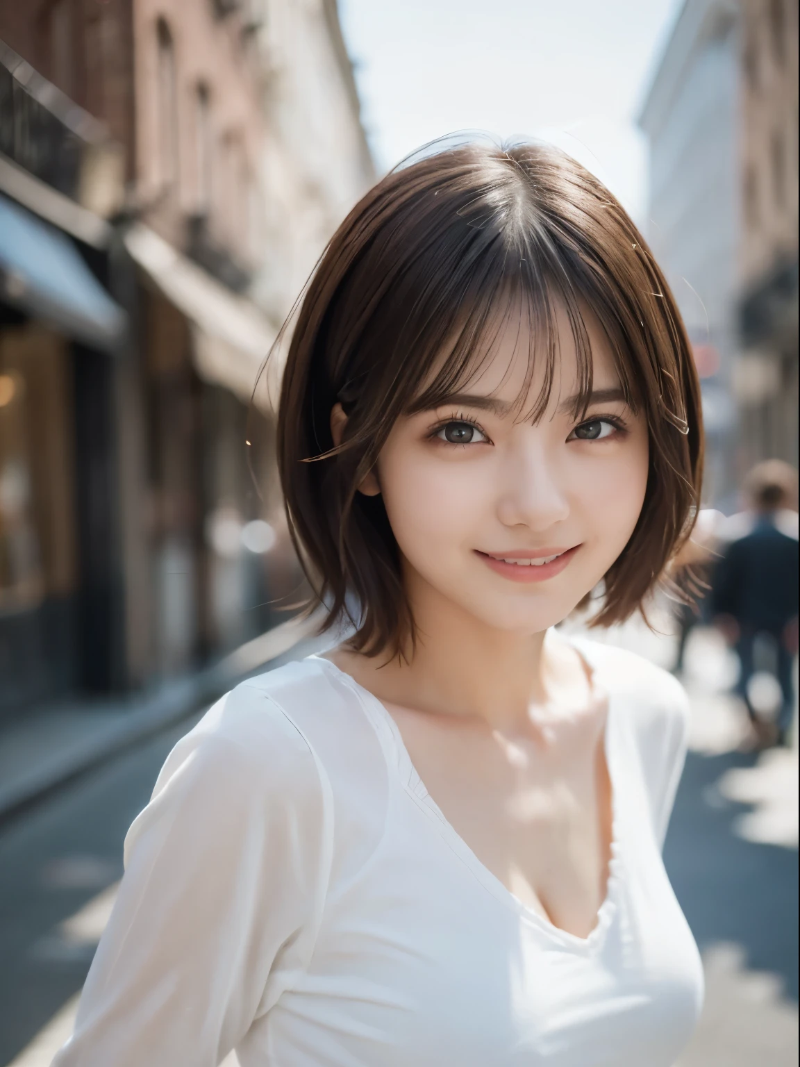 highest quality, Ultra-high resolution, (Realistic: 1.4), (highest quality, masterpiece:1.3, Ultra-high resolution), (Very detailed, Caustics, 8k), (Realistic:1.4, RAW shooting), (I'm looking at the camera with a smile on my face), Long sleeve blouse, big, Bust up shot, street, Face Focus, Natural light, Backlight, Lens flare, Professional Writing, beautiful Eyes, Super beautiful, Very short hair, beautiful, lover, Rough chest T-shirt, beautiful Soldier, Eyes that beckon the viewer, loverの視点, Attractive expression, Sexy smile, Perfect Style, Perfect balance, Detailed skin, Mischievous Gaze, I can see your chest