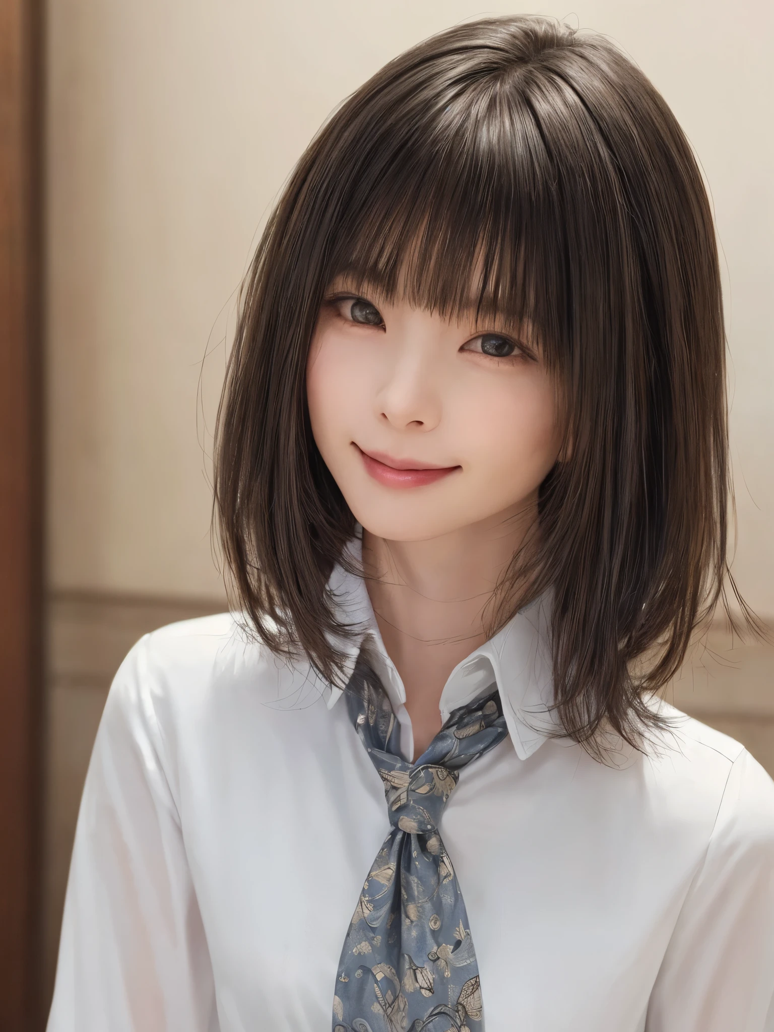 (Masterpiece:1.8), (Realistic, RAW Photos, highest quality: 1.4), (One Girl), Beautiful Face, (超Realistic Face、シンメトリーのBeautiful Face、Golden Ratio、Stare intently into the camera), (Black Hair, Short Bob Hair:1.6、bangs:1.3、Put your ears out:1.3、Beautiful long neck、Happy smiling face with mouth closed), Beautiful short hair, (Realistic eyes), Beautiful details, Long eyelashes, (Realistic Skin), Beautiful Skin, [Big Breasts:1.3], (Perfect body:1.3), (Detailed body:1.2), (tie), (Collared shirt, Pleated skirt:1.3), Absurd, charm, Ultra-high resolution, Ultra-realistic, Very detailed, Golden Ratio,Very cute beautiful woman、28 years old