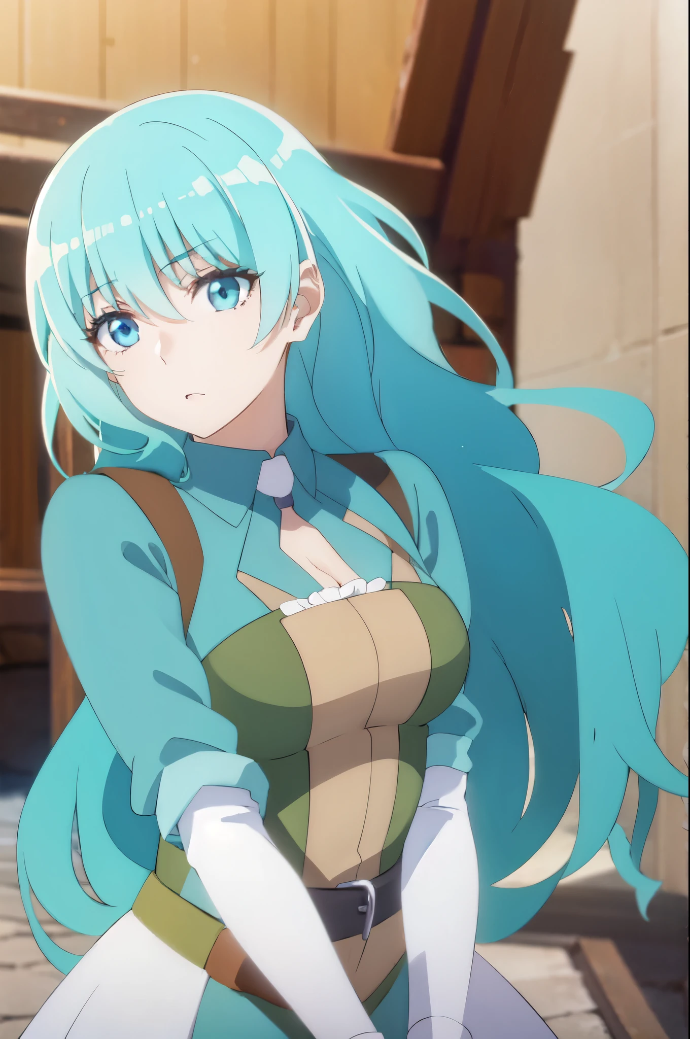 aqua hair, medium hair, blue eyes,