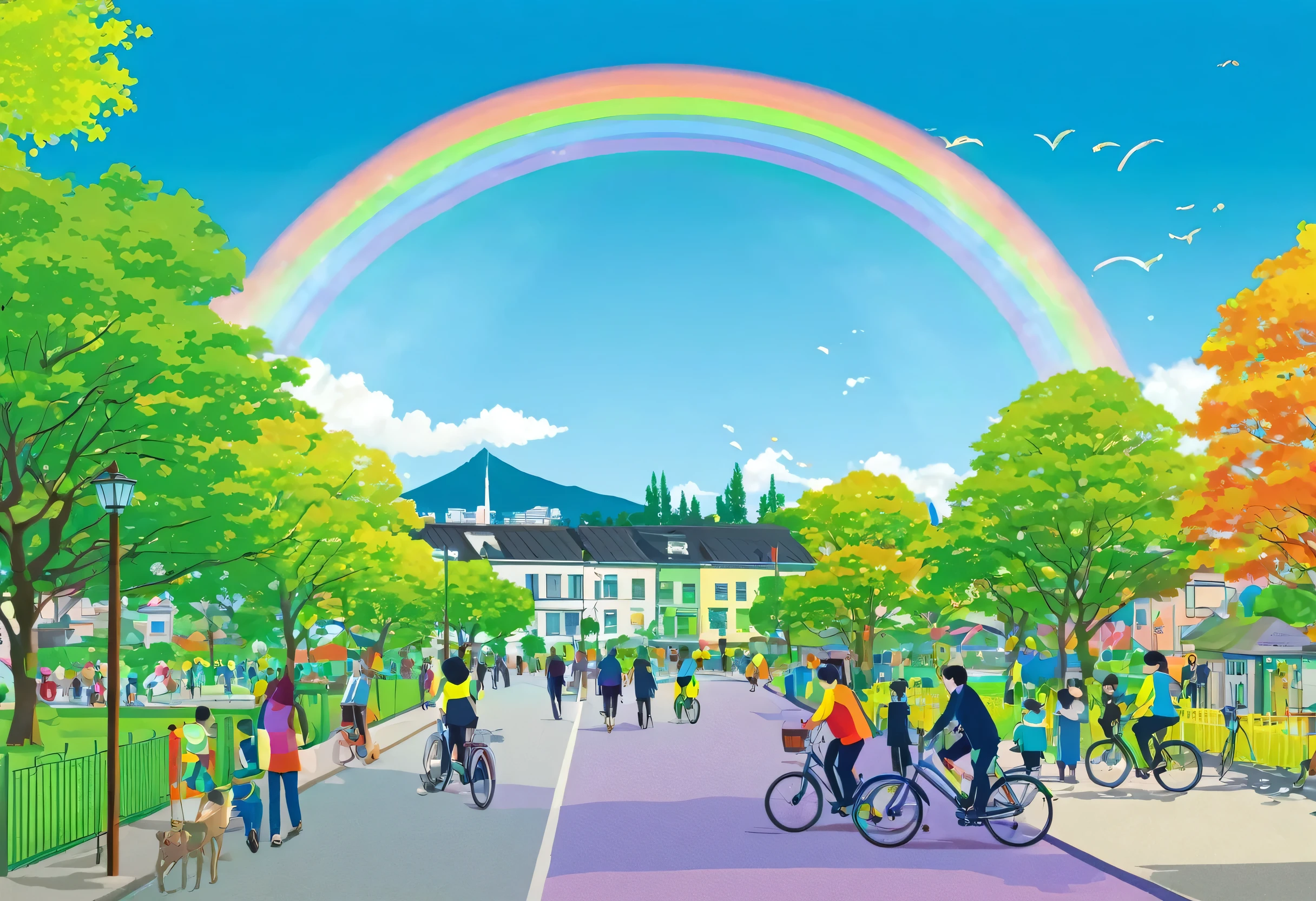 People walking and cycling in a park with a rainbow々???? City Park, colorful city, countryside city scene, by Ayako Rokkaku, by Kamisaka Sekka, spring season city, Residential Street, Rainbow Background, neighborhood, In Eco-City, There is a park in the background, by Kume Keiichiro, Town Background, Simple illustration