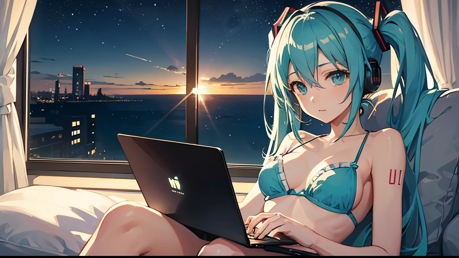 On the sofa with headphoneasturbating while looking at a laptop、Hatsune Miku in a bikini、Beautiful night view outside the window