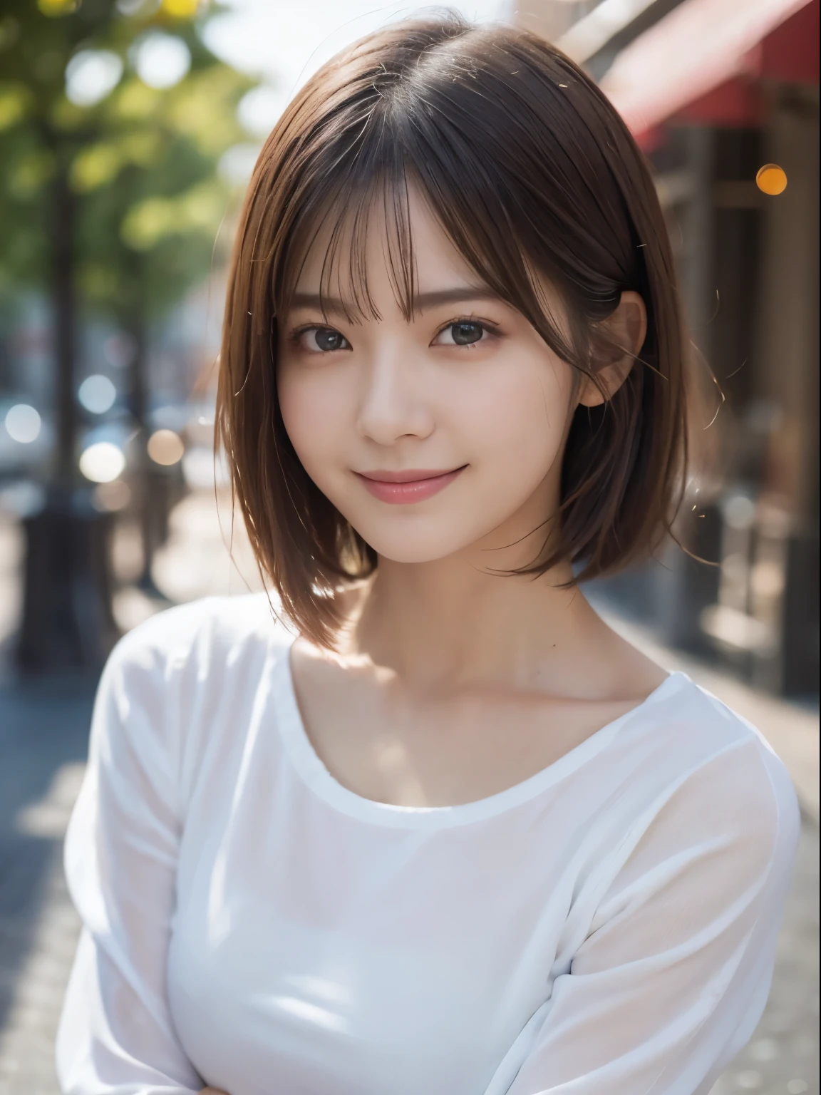 highest quality, Ultra-high resolution, (Realistic: 1.4), (highest quality, masterpiece:1.3, Ultra-high resolution), (Very detailed, Caustics, 8k), (Realistic:1.4, RAW shooting), (I'm looking at the camera with a smile on my face), Long sleeve blouse, big, Bust up shot, street, Face Focus, Natural light, Backlight, Lens flare, Professional Writing, beautiful Eyes, Super beautiful, Very short hair, beautiful, lover, Rough chest T-shirt, beautiful Soldier, Eyes that beckon the viewer, loverの視点, Attractive expression, Sexy smile, Perfect Style, Perfect balance, Detailed skin, Mischievous Gaze, I can see your chest