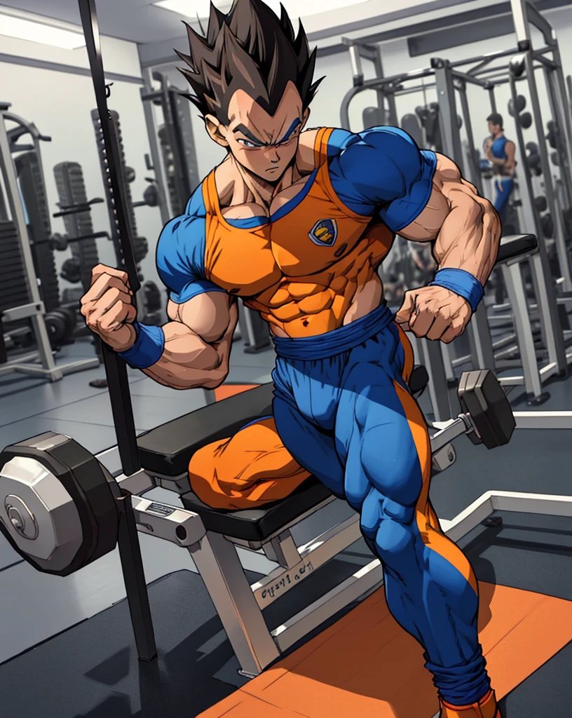 A detailed drawing of Vegeta's intense workout biceps at a bodybuilding gym, slim waist, long legs, blue tight gym sport uniform, Vegeta os DragonBall anime