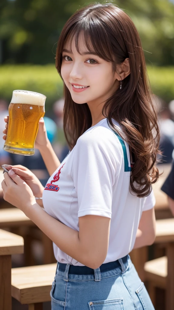 highest quality,Best image quality,Ultra-high resolution,8k,Hyperrealism,High saturation,Realistic,Photorealistic Stick,(Accurate anatomy:1.2),Written boundary depth,Ideal body,Japanese,18 year old beautiful girl,cute,cute smile,A refreshing smile,(A little brown hair:1.2),(Loosening perm:1.2),(Droopy eyes:1.2),(Beautiful and delicate eyes:1.2),rather thin lips,rather thick lips,Soft Breasts,C cup breasts,Tight waist,Small Ass,Realistic Skin,Sunburned skin,Wheat peel,Highly detailed face and skin texture,Glowing Skin,height: 166cm,The whole body is visible,Beer seller,(Girl selling beer:1.4),(Large number of spectators:1.2),Holding a beer mug,Have a look at this,baseball Ground,Audience seats,Pink baseball uniform,Shorts,Short sleeve,Carrying a beer server on your back