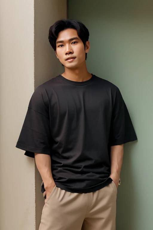 A Thai man wearing an oversized charcoal-colored T-shirt with no pattern leans against a wall.