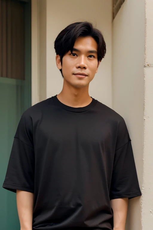 A Thai man wearing an oversized charcoal-colored T-shirt with no pattern leans against a wall.