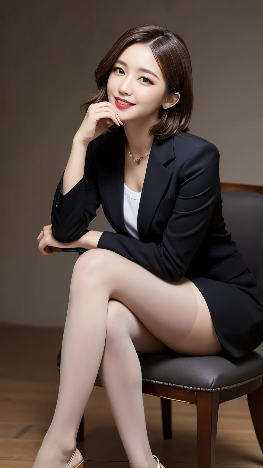 Tabletop, highest quality, figure, Very detailed, In detail, High resolution, 8k wallpaper, Perfect dynamic composition, Beautiful fine details, Brown Hair、Big 、business suit,short hair,Natural color lip, Sit on a chair and cross your legs,smile、25-year-old woman,Red Eyeshadow,Wearing black tights,