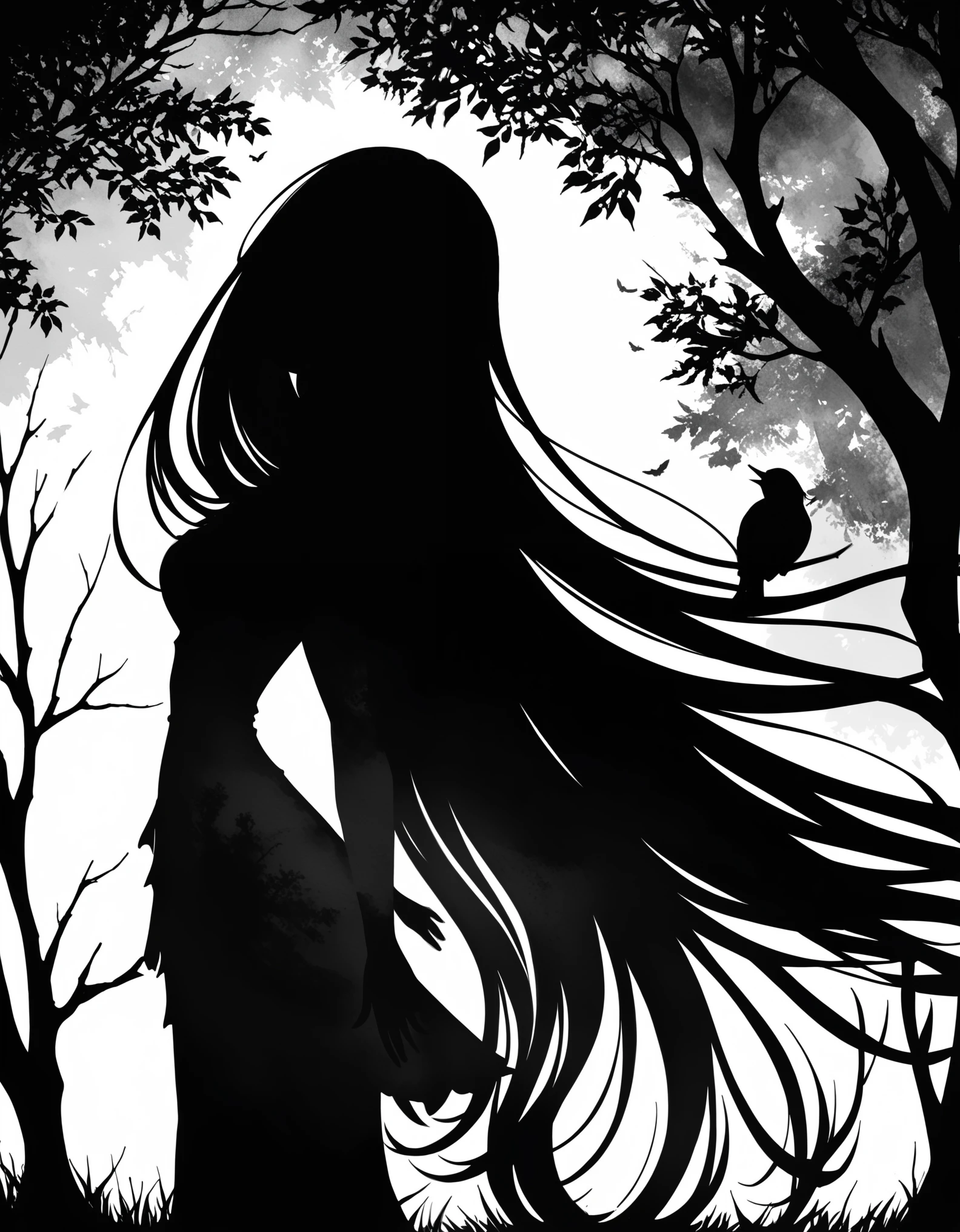 a pitch black setting with a silhouette of a beautiful long haired woman , magical, silhouette, black and white, tree silhouette  Nu Goth Art, Cartelcore, BW, Wood engraving, side light, Watercolor Paint, Amaro, abstract, Velvia, Flickr, pixiv, One Color  