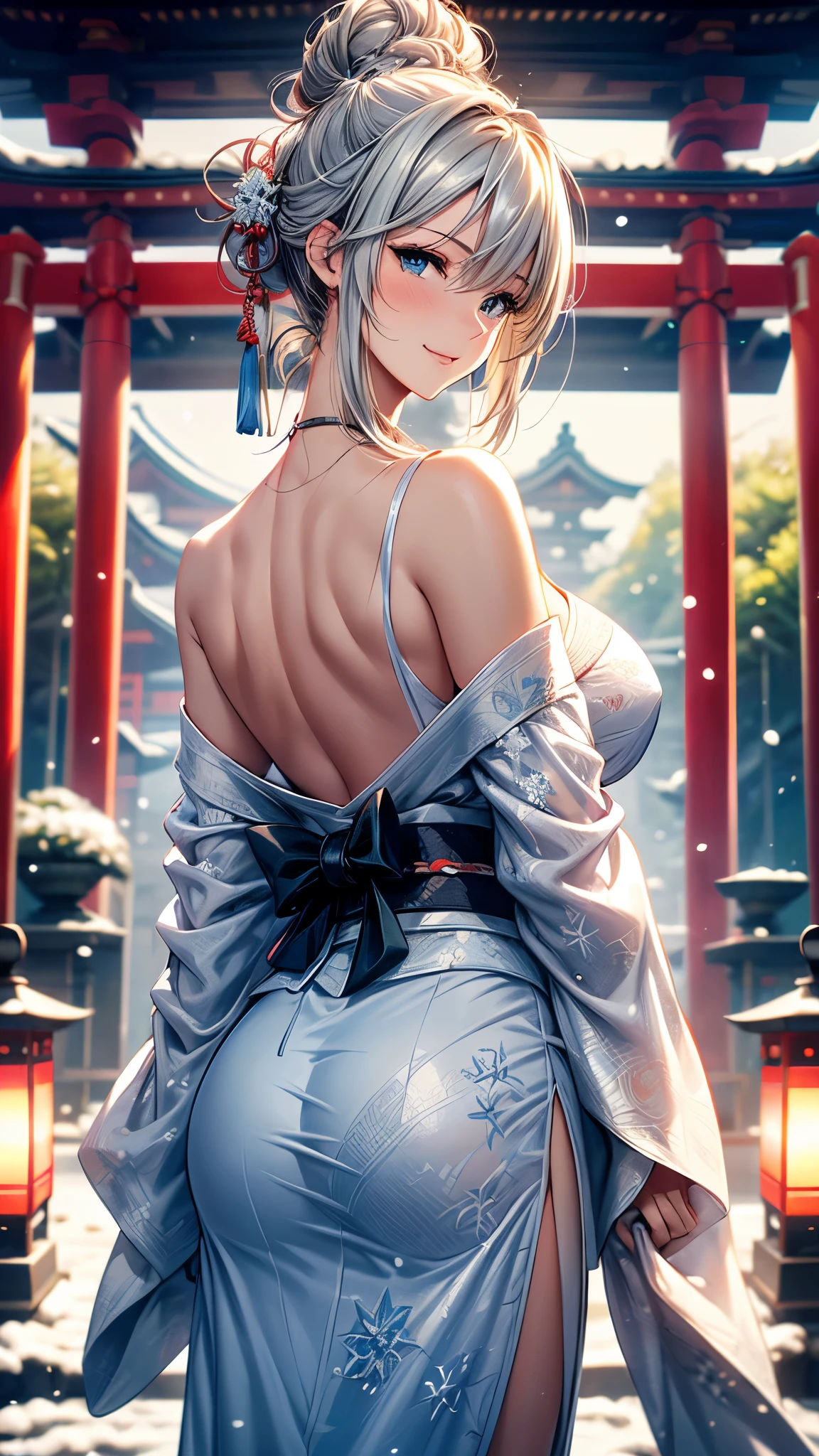 28 years old, Sexy body, Slim body, Silver hair fades to light blue tail, hair covering one eye, /Asymmetrical hair, /half bun hair, /half updo half up half down, /Medium Length Hair, /long wavy hair, blue eyes, break, Japanese clothes, kimono, Zen garden in Japanese temple, In front of the torii gate, New Year Visit, hands together, Pray for the future, Smile, In winter, Snow covered ground, There is snow, snowflake, Dynamic Angle, from the side, (Correct anatomy, Ideal body proportions), (/A night under the stars, /In the morning, under the holy light), break, high resolution, original photo, Photorealism, Stay focused, (natural lighting, Textile shading), Detailed background, Perfect layer cut, Focus on the eyes, (milf:1.5), Depth of Field, Bokeh, cowboy shot, ray tracing, masterpiece, best quality, 8K, retina, masterpiece, ccurate