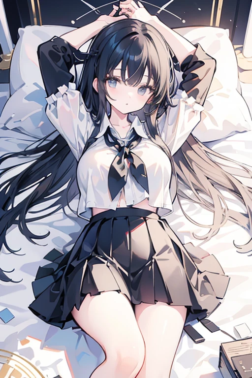 Italian girl, 25 years old, very long black hair, gigantic breasts, thin, wearing a torn white shirt and a pleated black miniskirt, she is lying at the altar of a megalithic circle, her arms and legs are tied with ropes to the altar, she has a slave collar