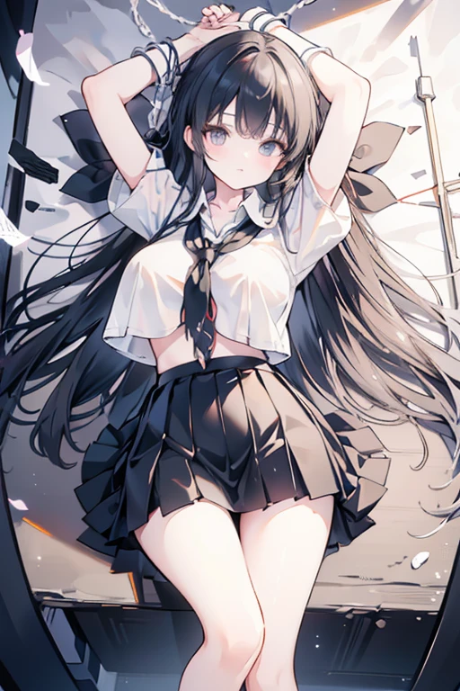Italian girl, 25 years old, very long black hair, gigantic breasts, thin, wearing a torn white shirt and a pleated black miniskirt, she is lying at the altar of a megalithic circle, her arms and legs are tied with ropes to the altar, she has a slave collar