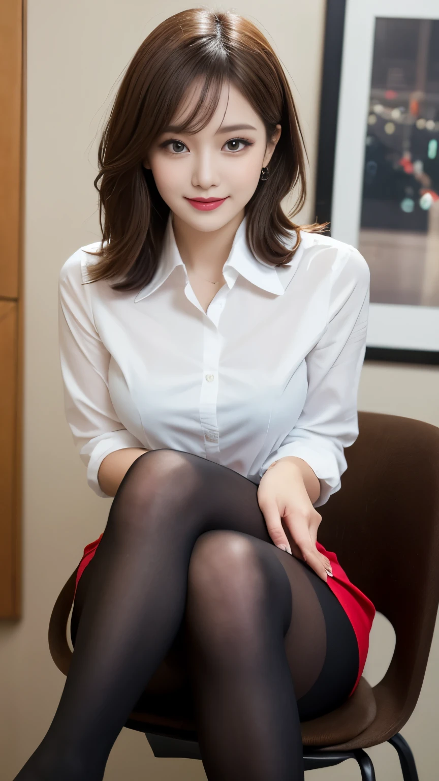 Tabletop, highest quality, figure, Very detailed, In detail, High resolution, 8k wallpaper, Perfect dynamic composition, Beautiful fine details, Brown Hair、Big 、business suit,short hair,Natural color lip, Sit on a chair and cross your legs,smile、25-year-old woman,Red Eyeshadow,Wearing black tights,