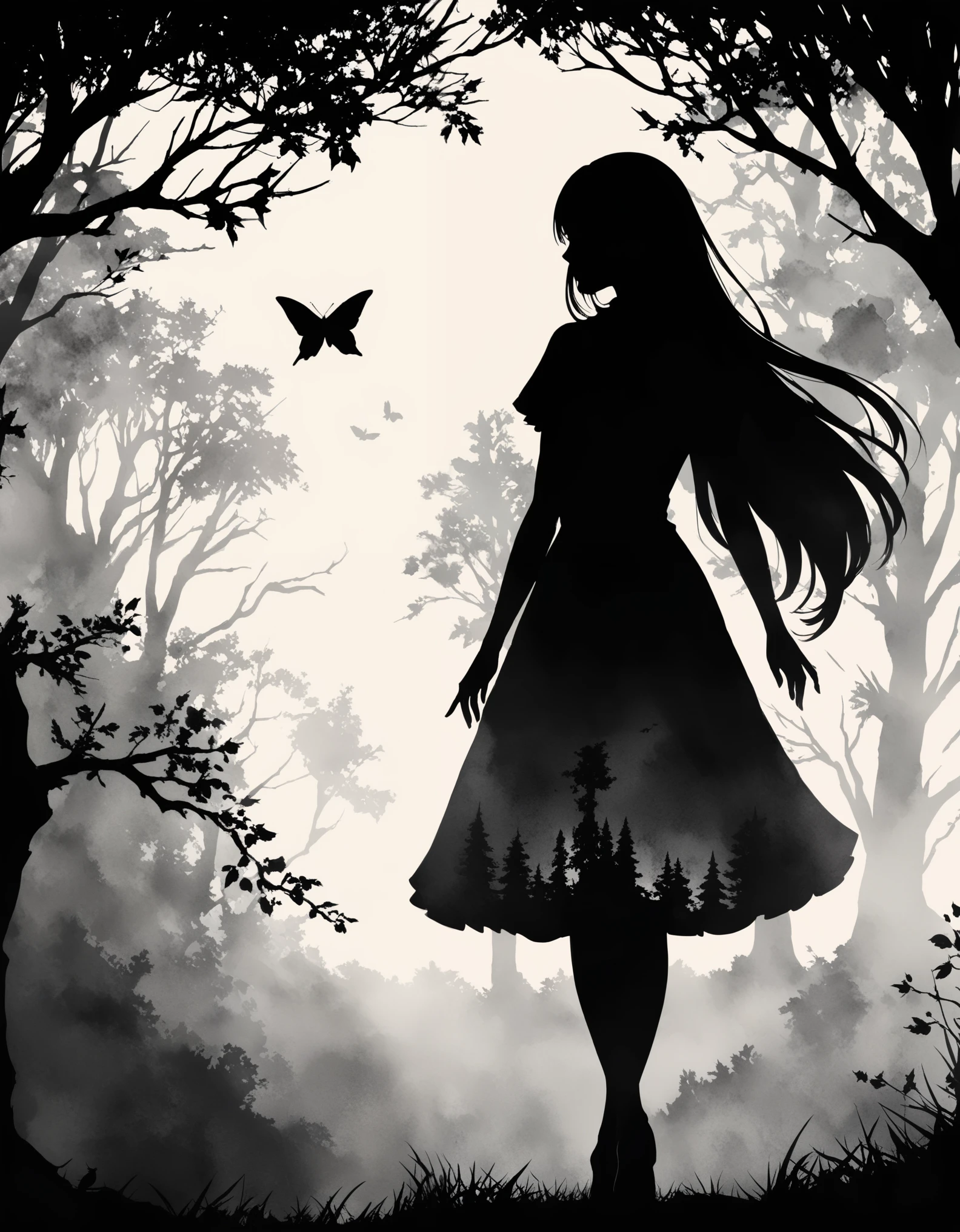 a pitch black setting with a silhouette of a beautiful long haired woman , magical, silhouette, black and white, tree silhouette Nu Goth Art, Cartelcore, BW, Wood engraving, side light, Watercolor Paint, Amaro, abstract, Velvia, Flickr, pixiv, One Color