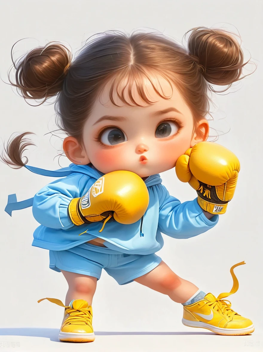 A chubby ***********，Kissing in front of the camera，(one eye Close:1.6)，She is wearing a simple white sportswearBREAK black tie shorts，Bright yellow sneakers，Always ready for the challenge，Brown ponytail tied up high，Showing her lively and active side，The most eye-catching thing is the yellow boxing gloves she wears，(Stance: boxing)，Eyes firm and bright，Revealing an unyielding fighting spirit，Light blue background，full body，chibi anime，Surrealism，cartoon Q version, by Tiago Hoisel