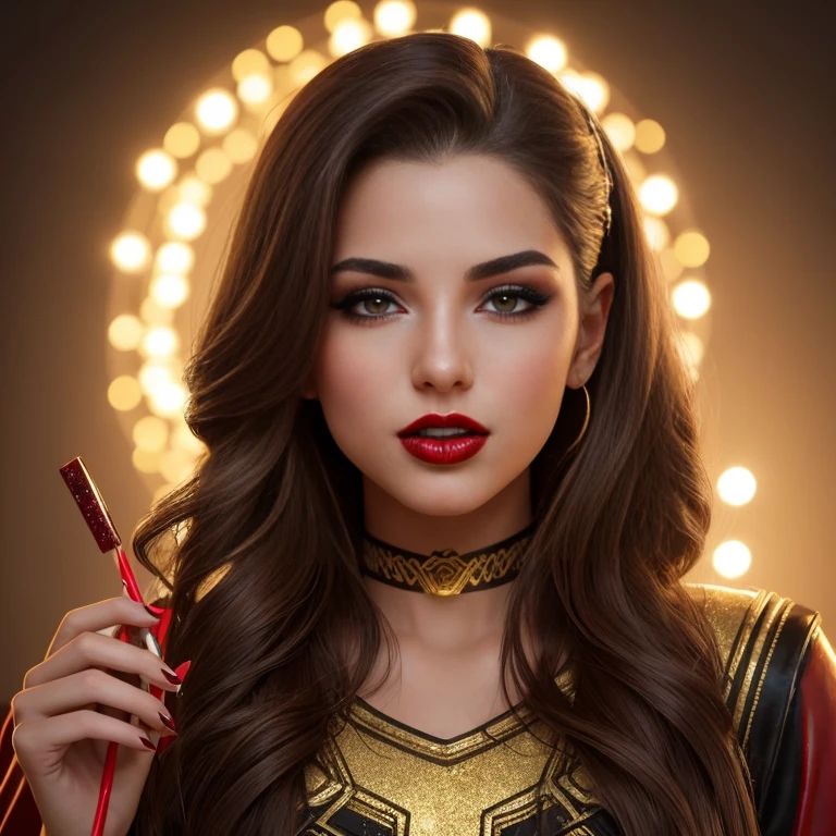 Close-up of a gorgeous face of 19 years old Girl with short brown mane with mall patches, elaborate make-up, red lips, black out-lined, sticking out their mid-long tongues, having Lollipop in herr hand, backdrop in gold and with red and golden glitter. Detailed high-quality rendering, overall photorealism realistic faces and tongues, dynamic scene, atmospheric lighting.
