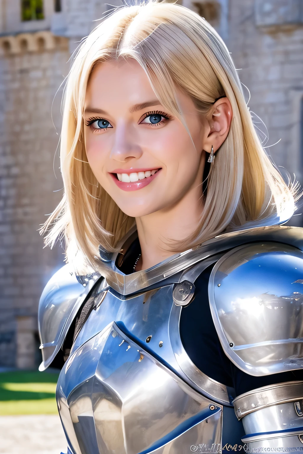 8K、highest quality、female knight、Luxurious Silver Armor、、hairstyle short cut、smile、beautiful teeth、full body photo、ear piercing、blonde、white woman、blue eyes、heavy makeup、The background is inside the castle