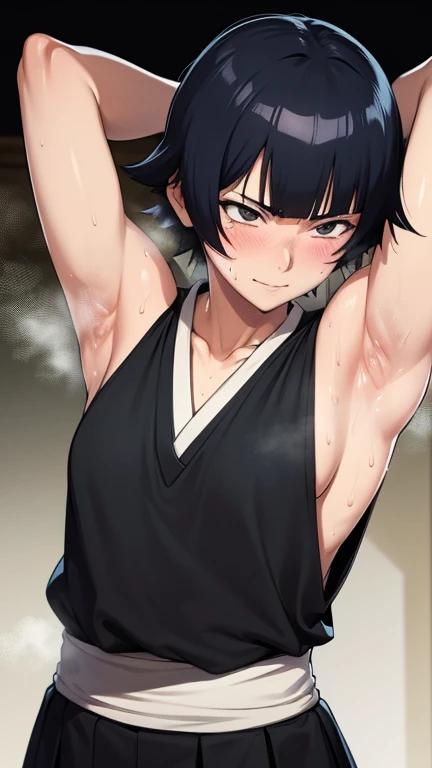 a picture, inspired by Kentaro Miura, trending on pixiv, soifon from bleach, black uniform, favorite scene, fine details, skins, sweating, small breasts, both hands raised, armpits, armpits visible, dripping with sweat, more more sweat, sweaty armpits, smile