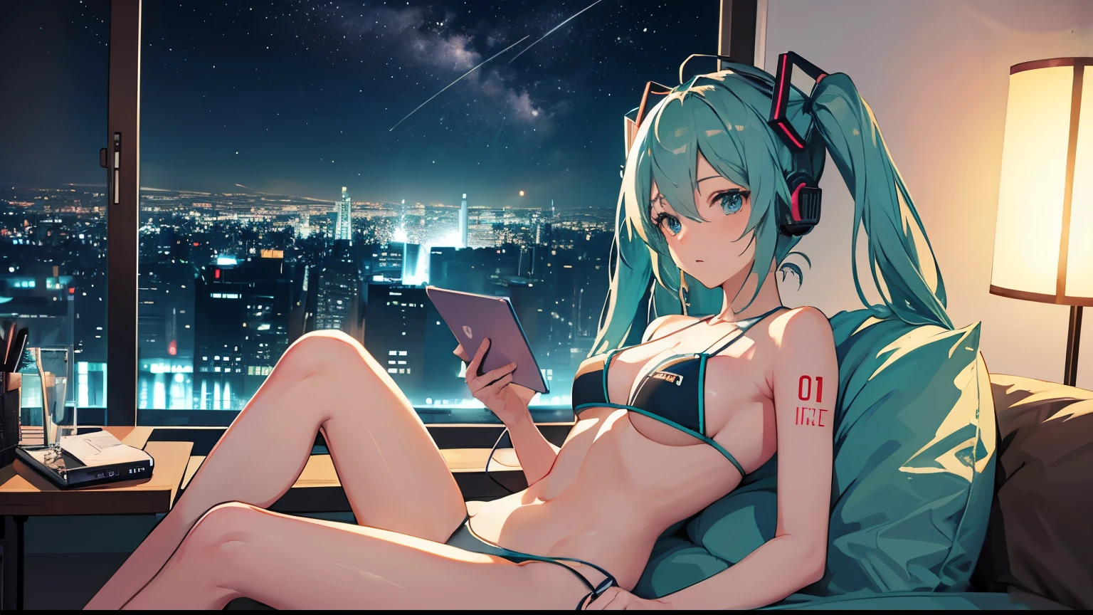 On the sofa with headphones、Studying on a laptop、Hatsune Miku in a bikini、Beautiful night view outside the window。４K