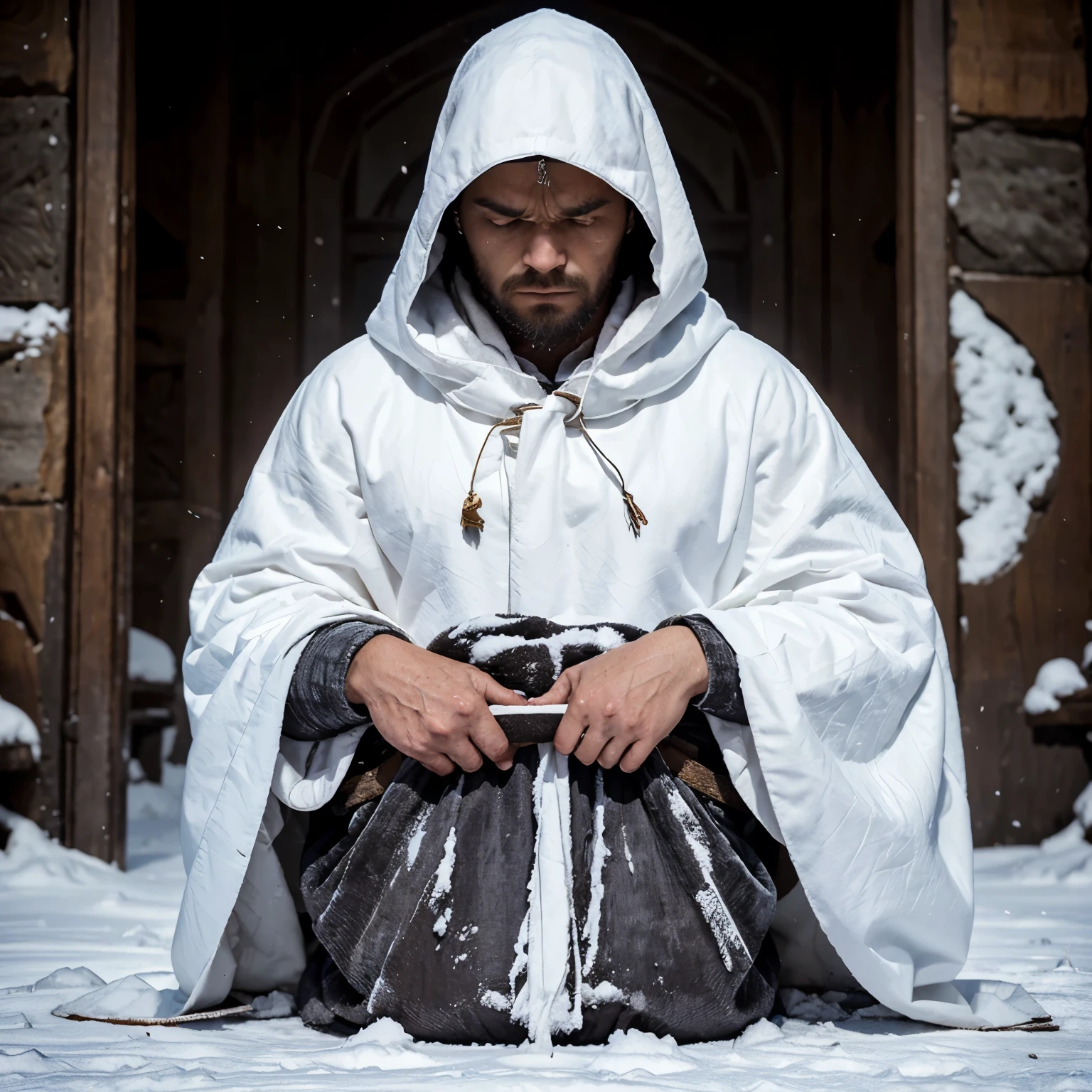 Create the image of a strong character, in a reverent and respectful position, with his left hand on the ground and a staff in his right hand, his head bowed, and who is covered with a white cloak in a solemn atmosphere, and write on top a name with large and fearsome letters that says "ISMUR"