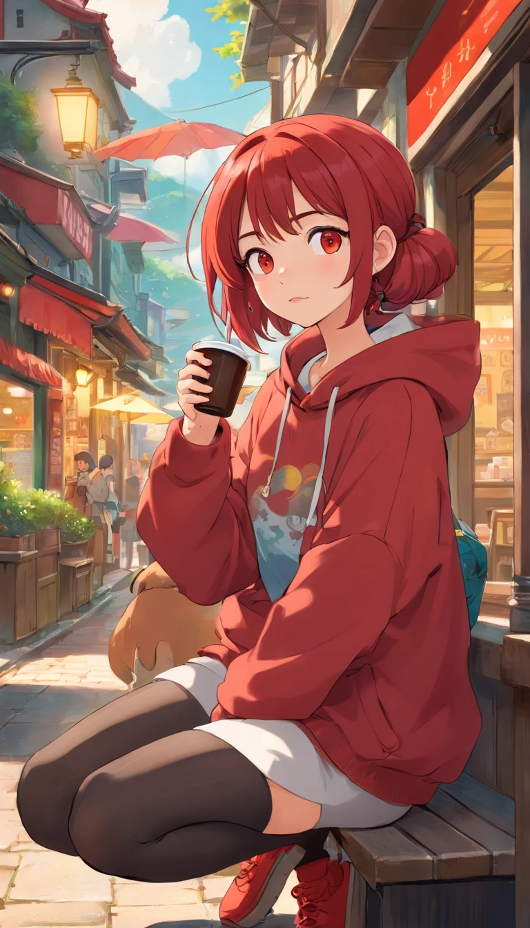 1 Malay girl, Red hair, updo hairstyle, streaks of hair in face, red eyes, mascara, oversized hoodie, midriff, hot pants, tights, laced tights, bags under eyes, sitting, coffee shop, ground angle shot, viewer looking up, feet in tights, flat chest, chocker, raw photography, 8k, masterwork,