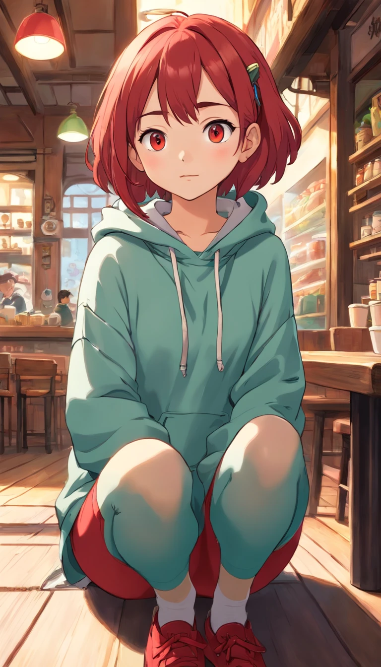 1 Malay girl, Red hair, updo hairstyle, streaks of hair in face, red eyes, mascara, oversized hoodie, midriff, hot pants, tights, laced tights, bags under eyes, sitting, coffee shop, ground angle shot, viewer looking up, feet in tights, flat chest, chocker, raw photography, 8k, masterwork,