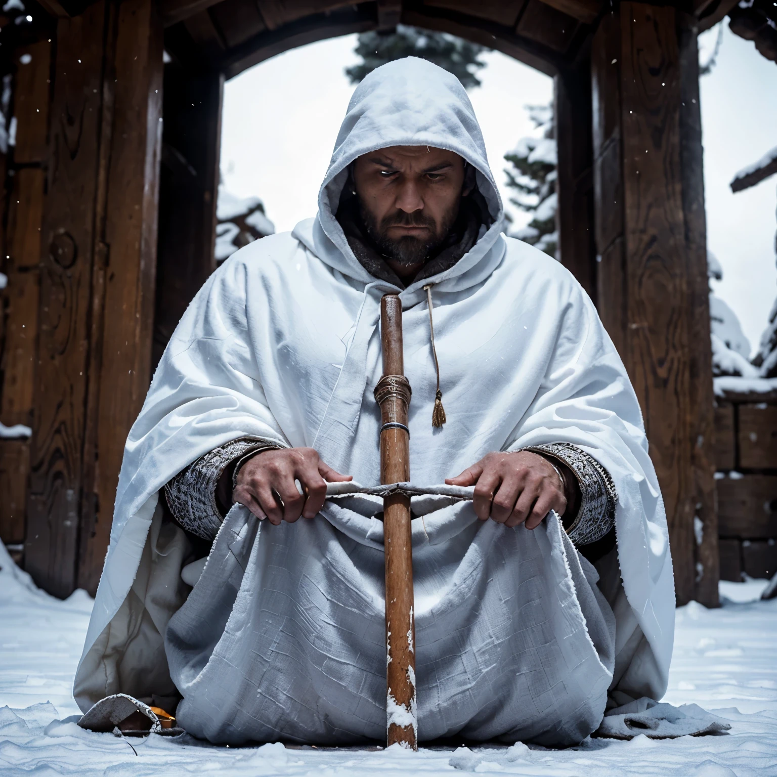 Create the image of a strong character, in a reverent and respectful position, with his left hand on the ground and a staff in his right hand, his head bowed, and who is covered with a white cloak in a solemn atmosphere, and write on top a name with large and fearsome letters that says "ISMUR"