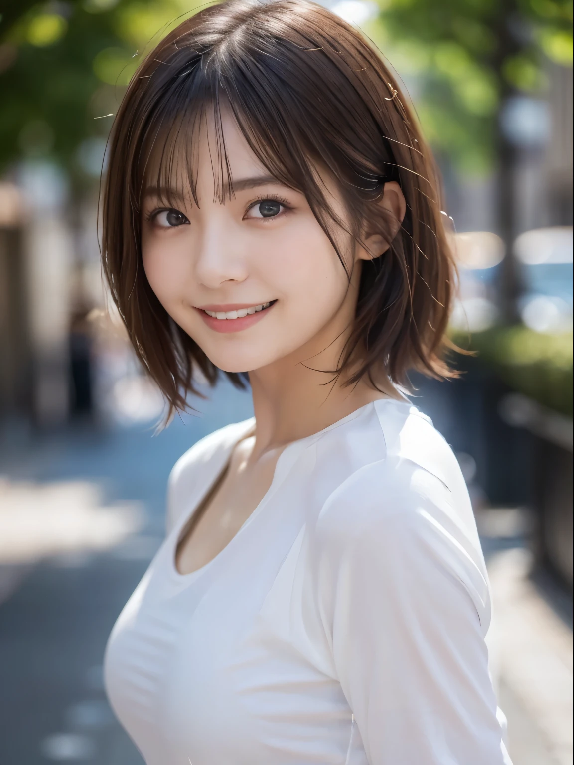 highest quality, Ultra-high resolution, (Realistic: 1.4), (highest quality, masterpiece:1.3, Ultra-high resolution), (Very detailed, Caustics, 8k), (Realistic:1.4, RAW shooting), (I'm looking at the camera with a smile on my face), Long sleeve blouse, big, Bust up shot, street, Face Focus, Natural light, Backlight, Lens flare, Professional Writing, beautiful Eyes, Super beautiful, Very short hair, beautiful, lover, Rough chest T-shirt, beautiful Soldier, Eyes that beckon the viewer, loverの視点, Attractive expression, Sexy smile, Perfect Style, Perfect balance, Detailed skin, Mischievous Gaze, I can see your chest