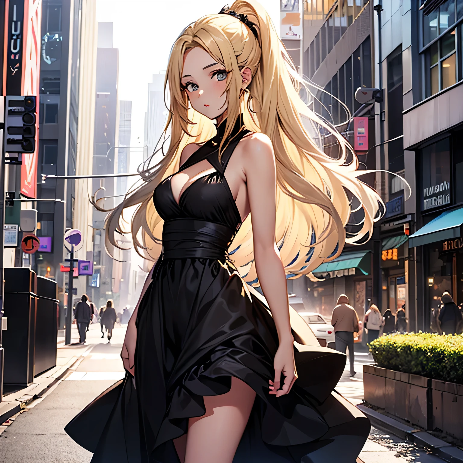 ((1Girl)),((28 years old)), ((Half up half down hairstyle)), Blonde hair, Exaggerated Body, Sexy, Black Dress,((city 