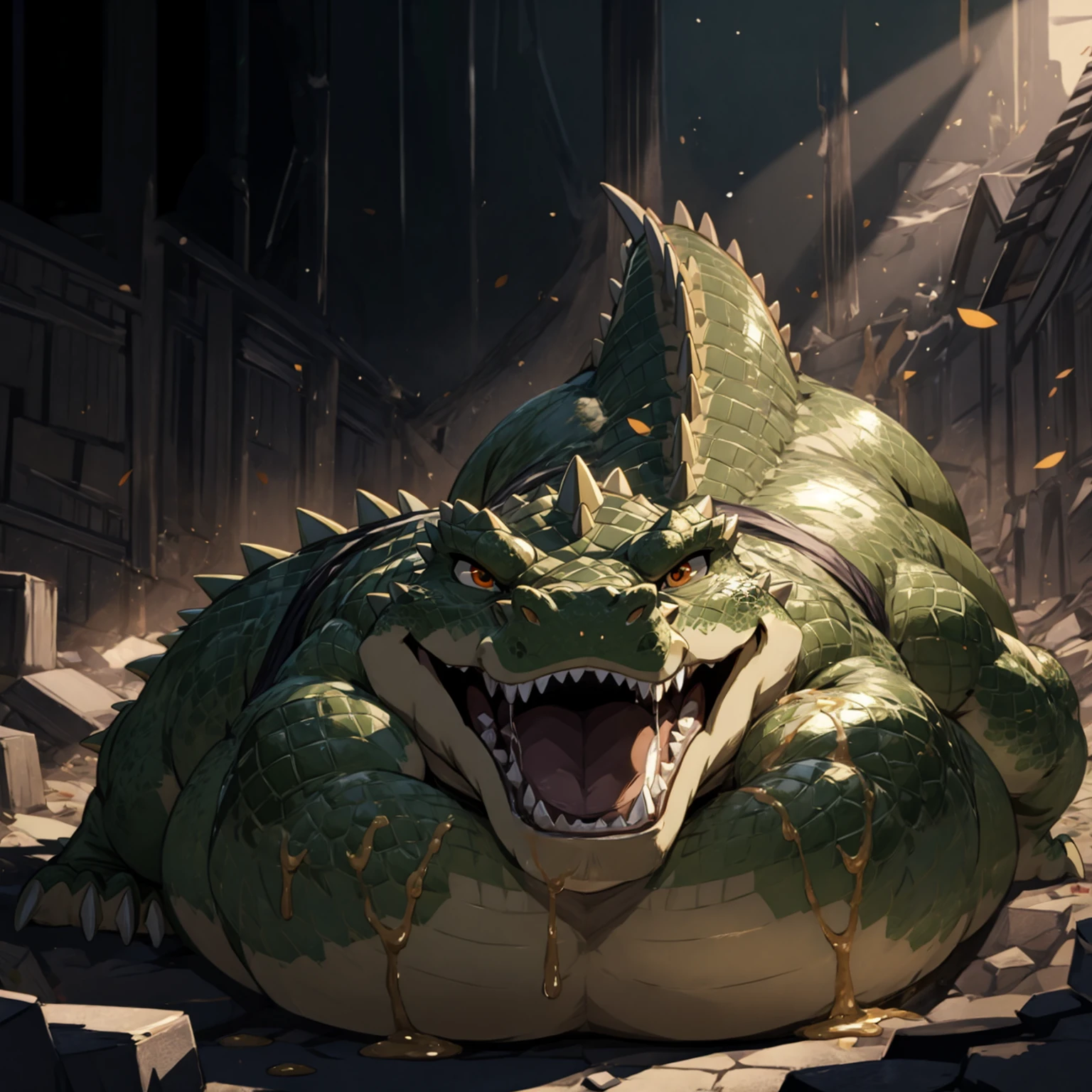 A very obese emerald-colored crocodile、Crocodile facing backwards、Emerald scales、Buttocks up、Backward composition、Wild ferocious crocodile、Spiky scales all over the body、A glittering silver mane、Very short legs、Screaming facial expression、Roaring crocodile face、Backward body、Big orange anime eyes、A body covered with a lot of fat、Abnormally obese head、A lot of fat on the neck、A belly so obese it covers the ground、Fat gap、Abdomen swollen enough to touch the ground、A huge, mountain-like swollen abdomen、Abnormally fat arms、Overweight and flabby legs、A body that seems to be crushed by a huge abdomen、A body that fills the screen、Rubble background、All fours pose、Pose with both knees on the ground、Wet scales all over the body、A large amount of drool overflowing from the mouth