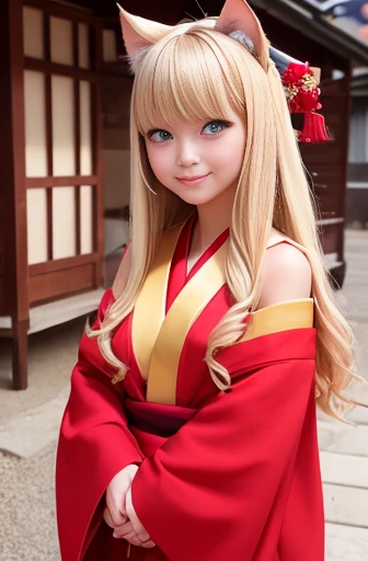 highest quality, High resolution, Perfect human structure, Background Focus, Front view, Shiny Hair, Cat ear, Blonde, Shortcuts, Shrine maiden costume, shrine, Temple, Smile, Gradient Eye, Swept-apart bangs,