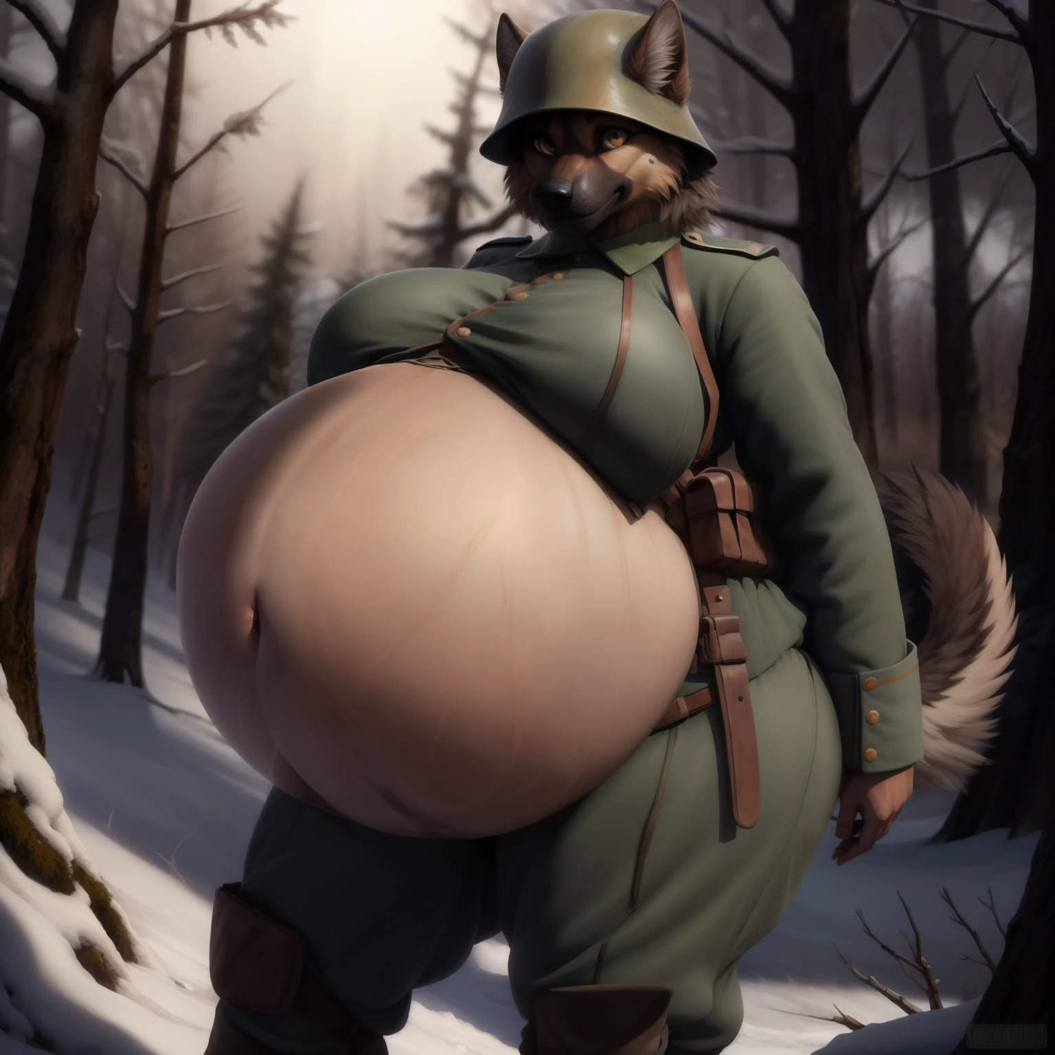 masterpiece:1.2, best quality, extremely detailed face:1.4, highly detailed eyelash:1.6, highly detailed eyes, sharp details, solo, female, standing, german shepherd, brown eye, huge , breastsr, in a forrest, day, dramatic lighting, wearing a ww1 german soldier uniform, huge ass, thick thi, (((huge belly))), (((bursting belly))), ((strecht marks on the belly)),