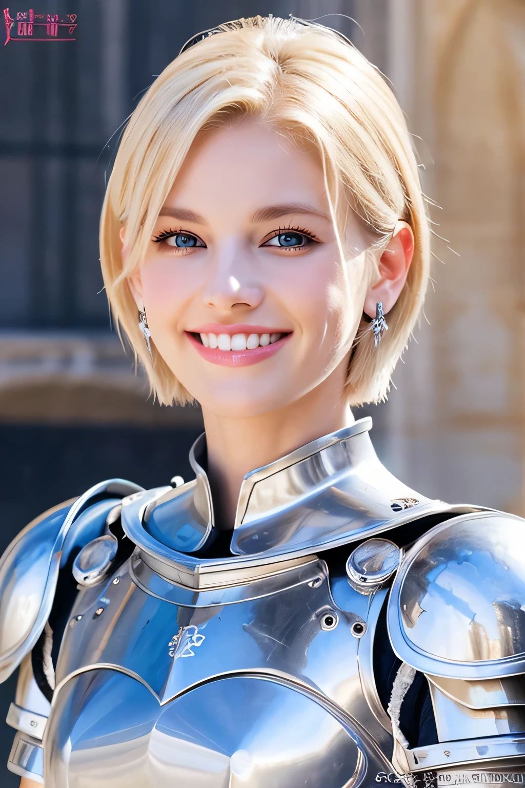 ８Ｋ、highest quality、female knight、Luxurious Silver Armor、、hairstyle short cut、smile、beautiful teeth、full body photo、ear piercing、blonde、white woman、blue eyes、heavy makeup、The background is inside the castle

